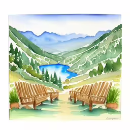 /tmp/FOOGEKgoh.jpg = two wooden chairs in front of a lake with mountains in the background
,/tmp/FOOGEKgoh.jpg = two wooden benches sitting in the grass
,/tmp/FOOGEKgoh.jpg = there are two wooden benches near water
,/tmp/FOOGEKgoh.jpg = three wooden benches facing toward a lake in a valley
,/tmp/FOOGEKgoh.jpg = watercolor of two adiron chairs overlooking a lake
,/tmp/FOOGEKgoh.jpg = a painting of two park benches looking out over a lake
,/tmp/FOOGEKgoh.jpg = two benches with a view of the mountains behind
