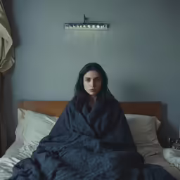 a woman wrapped in a blanket sitting on a bed