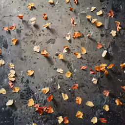 leaves scattered all over the floor and a brown and black cat standing in it