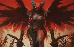 a demonic girl with angel wings stands on red, gloomy hills