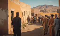 a group of people standing outside of houses on a dirt road