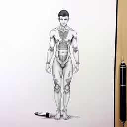 the drawing is black and white, depicting a man with different muscular shapes,the man is wearing an underwear and holding a pen,a drawing of a man