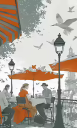 an orange colored umbrella near some tables with chairs