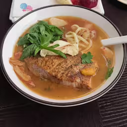 a bowl of soup with meat, pasta and vegetables