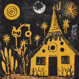 an illustration of a yellow house with trees and stars and night sky