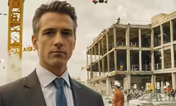 man in suit looking off into distance with construction site behind him
