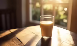a shot of orange juice on a wooden table
