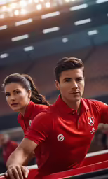a man and woman pose together at a stadium