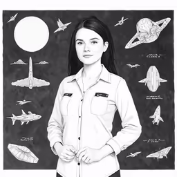 a woman in a white shirt standing in front of an illustration