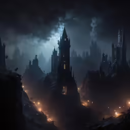dark fantasy cityscape with moon lights and tower structure
