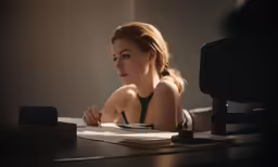 a woman in bra laying on desk reading a book