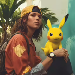 a woman sitting next to a stuffed animal holding a pikachu