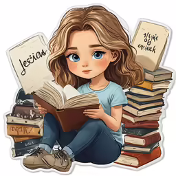 a sticker of a girl sitting with books