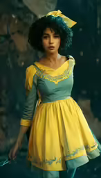 a girl in yellow and green dress poses