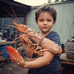 a young boy holding a piece of raw lobster