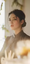 a woman wearing a brown shirt and sitting down