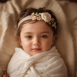 a little girl laying on a white bed wrapped in blankets