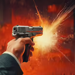 man holding gun in fire with explosion coming out