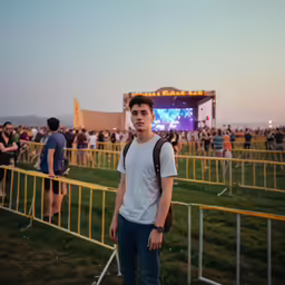 a man standing in front of a metal fence and outdoor stage