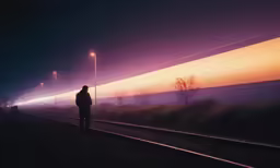 a man walking down the middle of a road next to streetlights