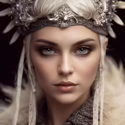 a woman wearing elaborate hair and jewelry with feathers