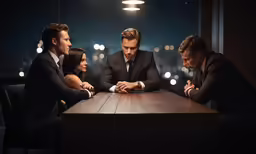 three men in suits are sitting at a wooden table