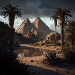 a desert landscape with mountains, palm trees and a lake in it