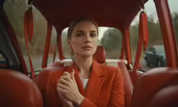 a woman sits in the backseat of a car