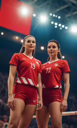 two girls in red uniforms standing on top of an arena