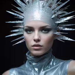 a woman with spiked up hair looks directly into the camera