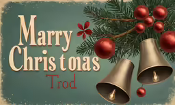 christmas card featuring two bells hanging on a branch