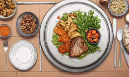 a plate full of food sitting on top of a table,a plate of chicken, lettuce and vegetables with a side salad