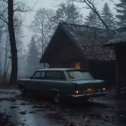 a green car sits in front of a house