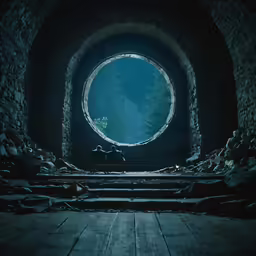 a chair sitting in front of a round window