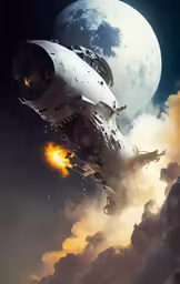 a spaceship flies by in a cloudy sky