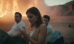 three people sit in front of the blazing fire
