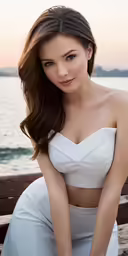 a woman sitting on top of a wooden bench next to the ocean