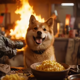 a dog in front of a fire with food in the bowl