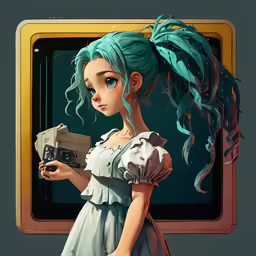 a pretty young lady wearing an odd outfit holding a camera