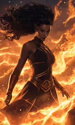 a woman wearing black is surrounded by flames