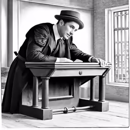 an old man leaning on a church pew looking at a book