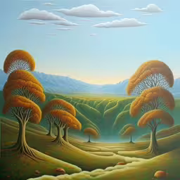 an oil painting with trees and fields near water,painting with green hills and trees under a blue sky,an oil painting of a scenic scene with trees,this painting shows a hilly landscape with trees,a painting of a scenic scene of trees and mountains