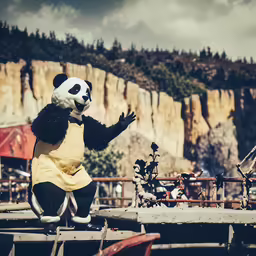 a panda bear dressed in an yellow dress