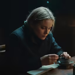a woman is sitting at a table holding her tea cup and looking at the tea in the container