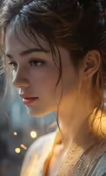 a girl with a sparky shirt looks off into the distance