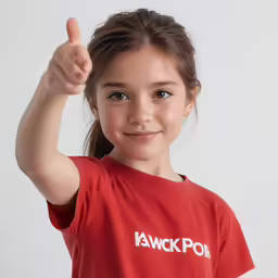 a young girl giving the peace sign and holding her hands up