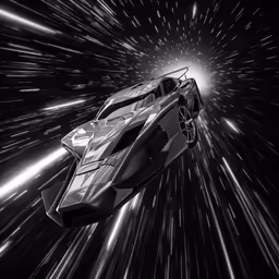 a futuristic supercar flying through space with stars around