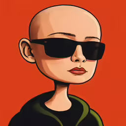 a bald headed man wearing sunglasses on an orange background