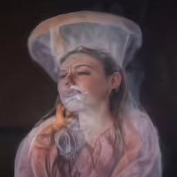 a woman wearing a white chef hat smokes her pipe