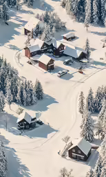 a small village surrounded by snowy trees covered in snow